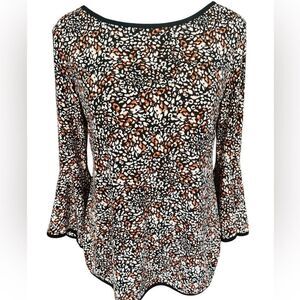 Sam & Jess black/brown/cream print blouse with bell sleeves size PM .